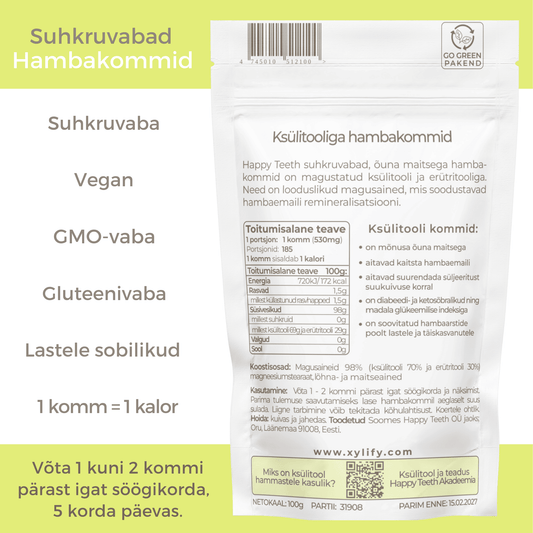 Happy Teeth ksülitooli ja erütritooliga hambakommid - Õun 100g / 185tk