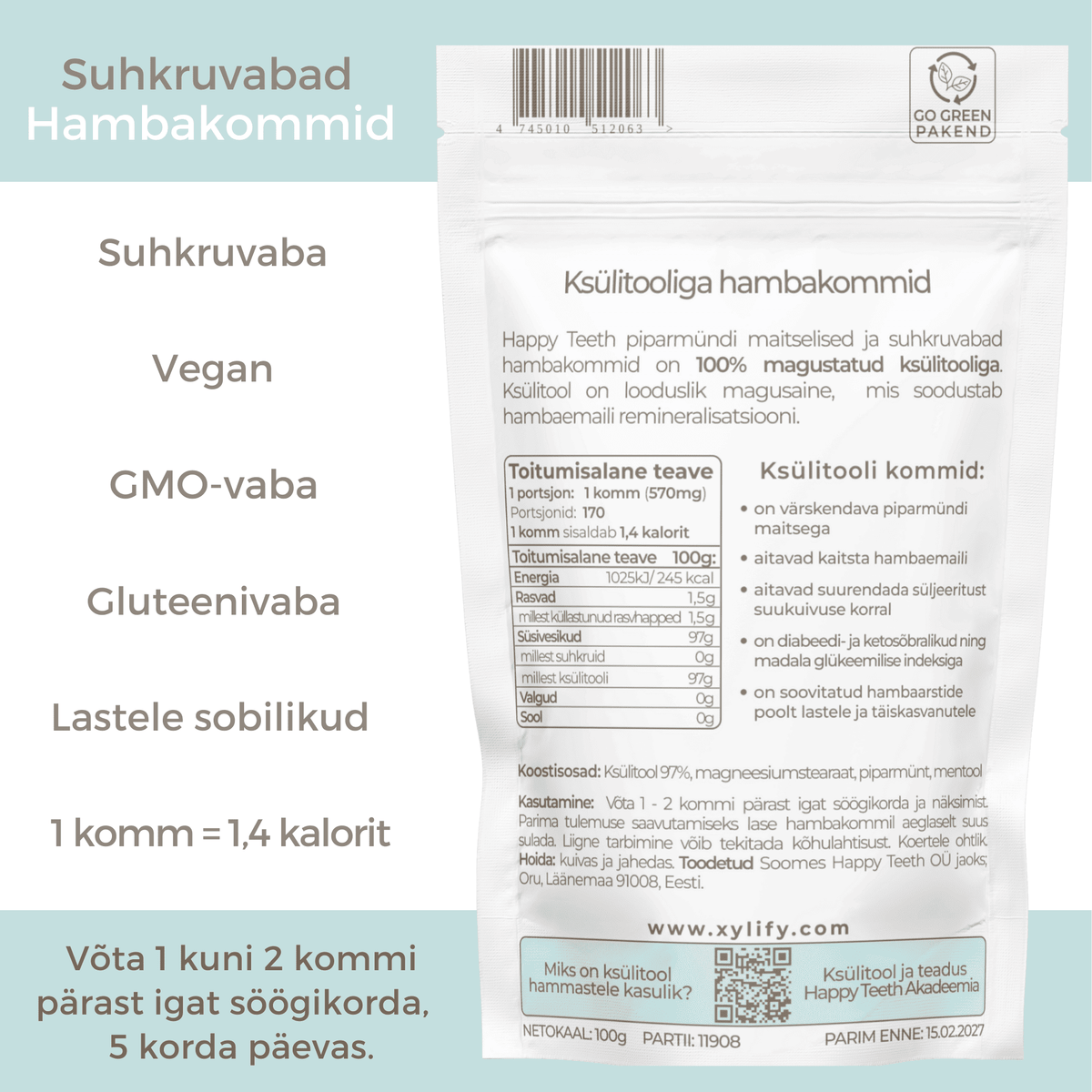 Happy Teeth ksülitooliga hambakommid - Piparmünt 100g / 170tk