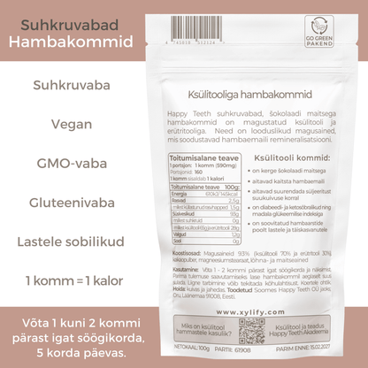 Happy Teeth ksülitooli ja erütritooliga hambakommid - Šokolaad 100g /160tk