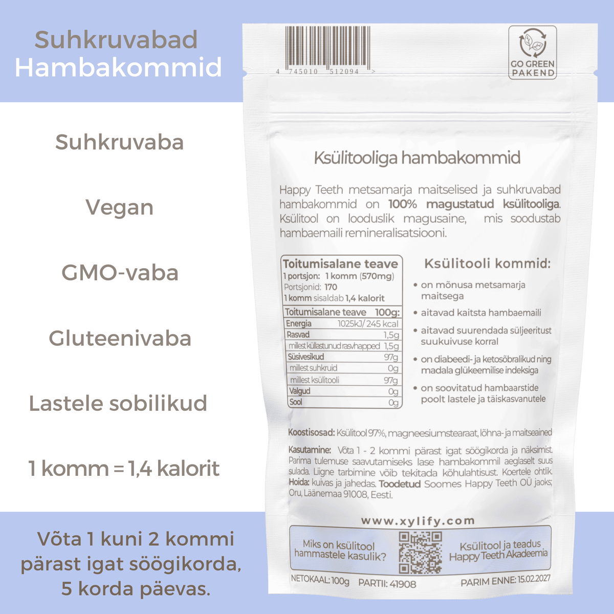 Happy Teeth ksülitooliga hambakommid - Metsamari 100g / 170tk
