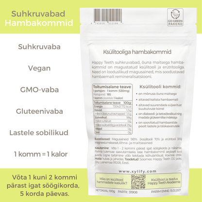 Happy Teeth ksülitooli ja erütritooliga hambakommid - Õun 100g / 185tk