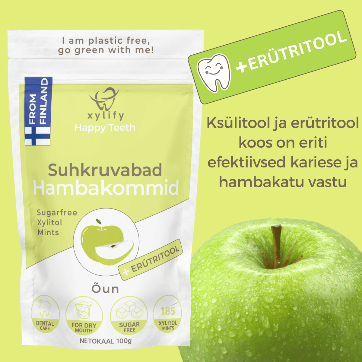 Happy Teeth ksülitooli ja erütritooliga hambakommid - Õun 100g / 185tk